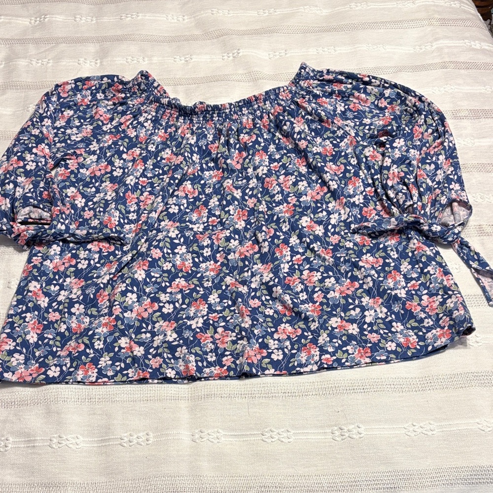 Chaps Blue Floral Off-Shoulder Blouse